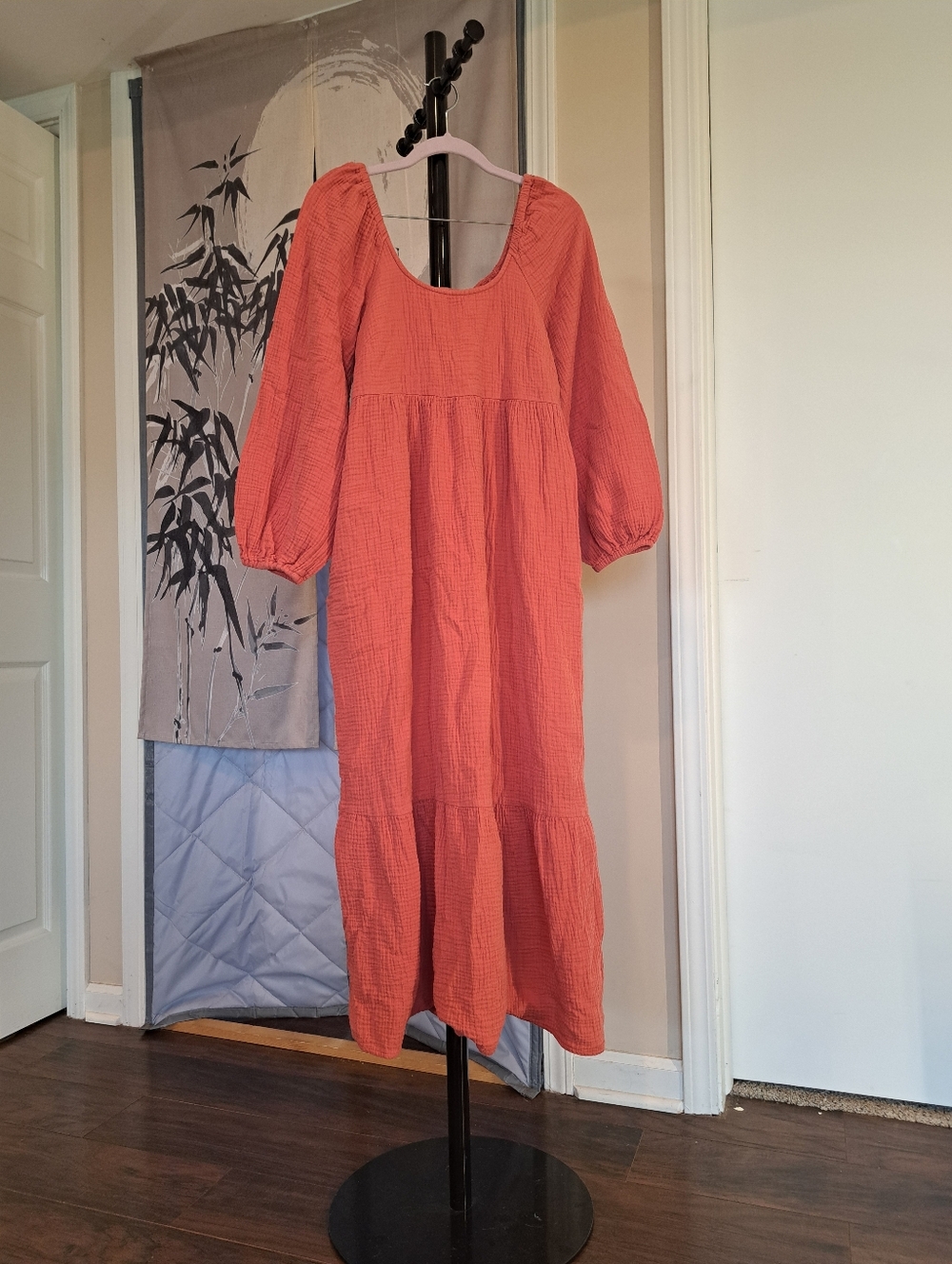 100% Cotton Universal Thread  Balloon Long Sleeve Dress  Aura Coral Red Size M/L